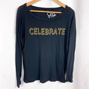 Chaser Celebrate Graphic Print T-Shirt Size‎ S Black Drop Shoulder Long Sleeve